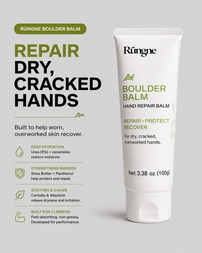 Runge Boulder Balm tube for repairing dry, cracked hands on a light gray background