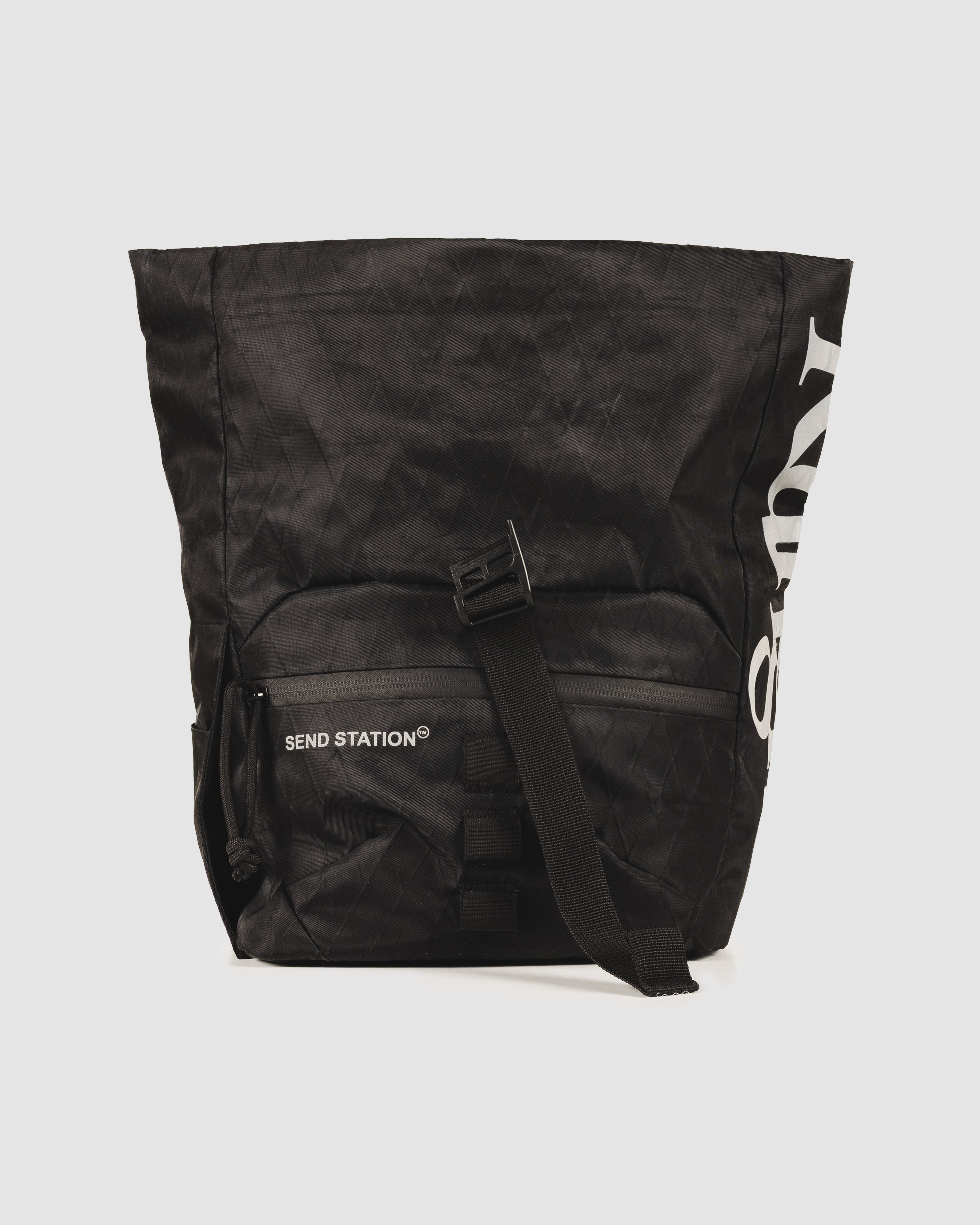 Send Station Bucket side profile with shoulder strap and SEND STATION print