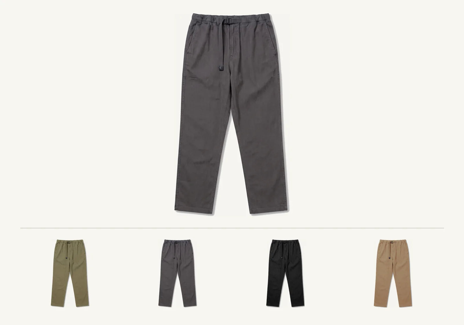 Highballer Pants in Anthracite Gray, tapered climbing trousers with an adjustable webbing belt.