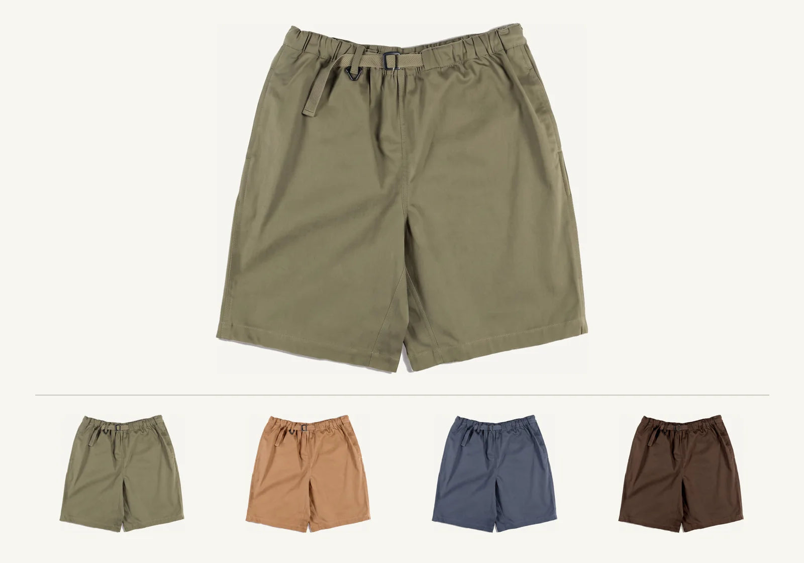 Highballer Shorts Soft Stretch in Olive Green, a relaxed mid-length climbing short with an integrated webbing belt.