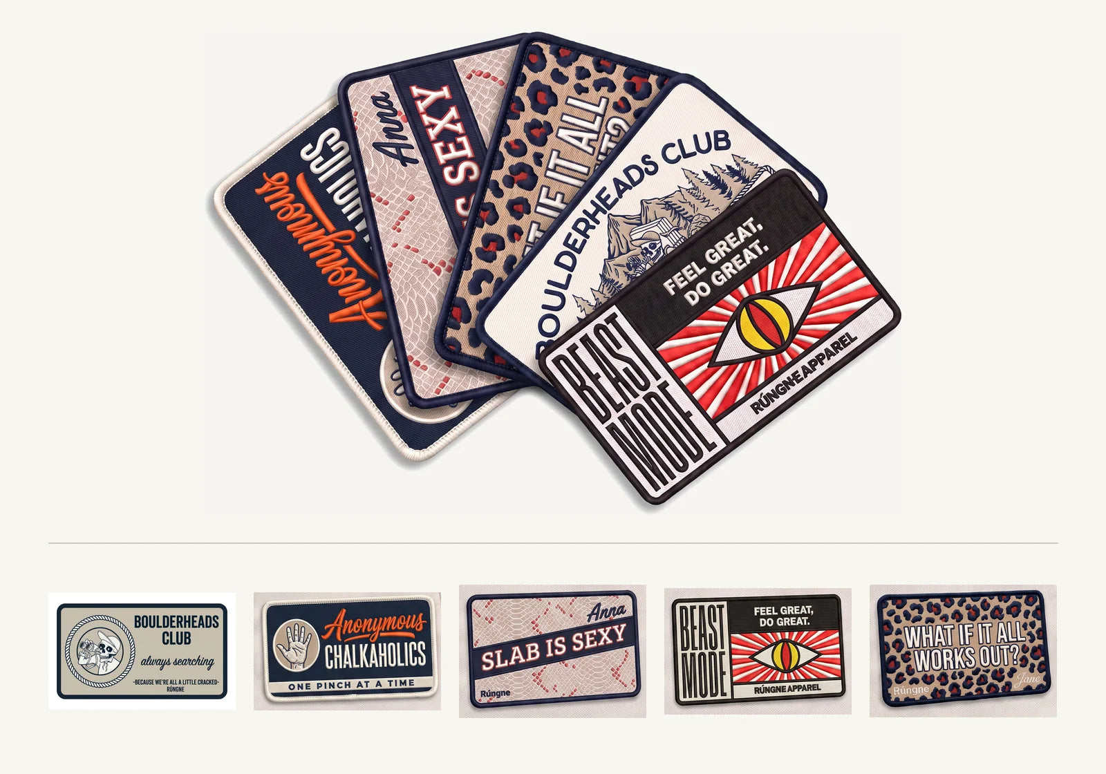 Five embroidered velcro patches fanned out: Boulderheads, Anonymous Chalkaholics, Slab is Sexy, Beast Mode and What If It All Works Out.